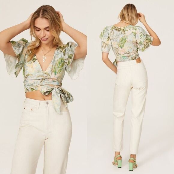Show Me Your MuMu Tops - SHOW ME YOUR MUMU Wilson Floral Tie Top S Crop Wrap Flutter Sleeve Vacay EUC B48